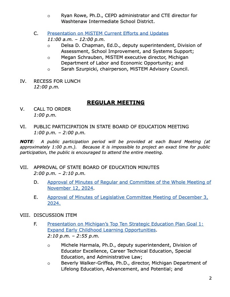 PutALydiaOnIt's tweet photo. The Michigan Board of Education December meeting is underway – you can listen in on YouTube as students present on their experiences in CTE programs – https://t.co/cjhPZtp2lw…. Check out the AGENDA (in photos) to see what's on the lineup. @massp https://t.co/sSUlOlMDBq