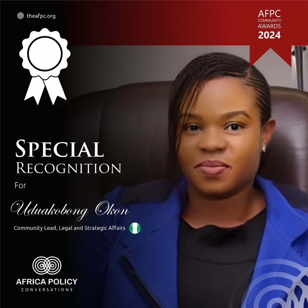 LetsTalkPolicy_'s tweet image. A huge shoutout to Uduakobong Okon, our Community Lead, Legal &amp;amp; Strategic Affairs!

Her commitment and expertise have been key to AFPC’s success, empowering our mission and community.

Thank you for your exceptional leadership!  #AFPC #LeadershipImpact