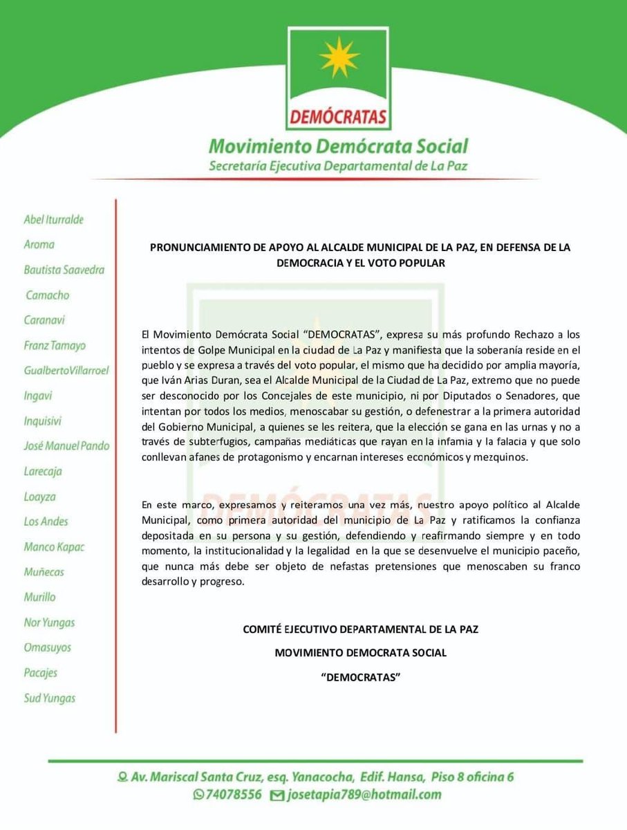 #UltimoMinuto 
Agrupacion Suma Escoma y Movimiento Democrata Social miembros de la #AlianzaPBCSP, se pronuncias en apoyo a  nuestro lider politico #IvanArias alcalde municipal de la ciudad de La Paz.
En defensa de la democracia y el voto popular.
#Noticias 
#LaPaz