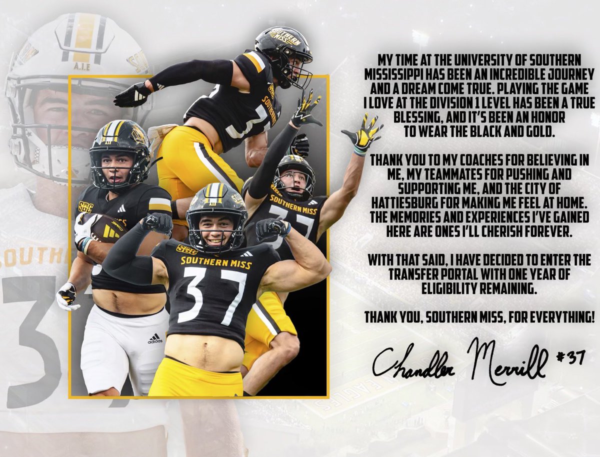 I will be entering the transfer portal with 1 year of eligibility remaining!  Thank you Southern Miss 🦅