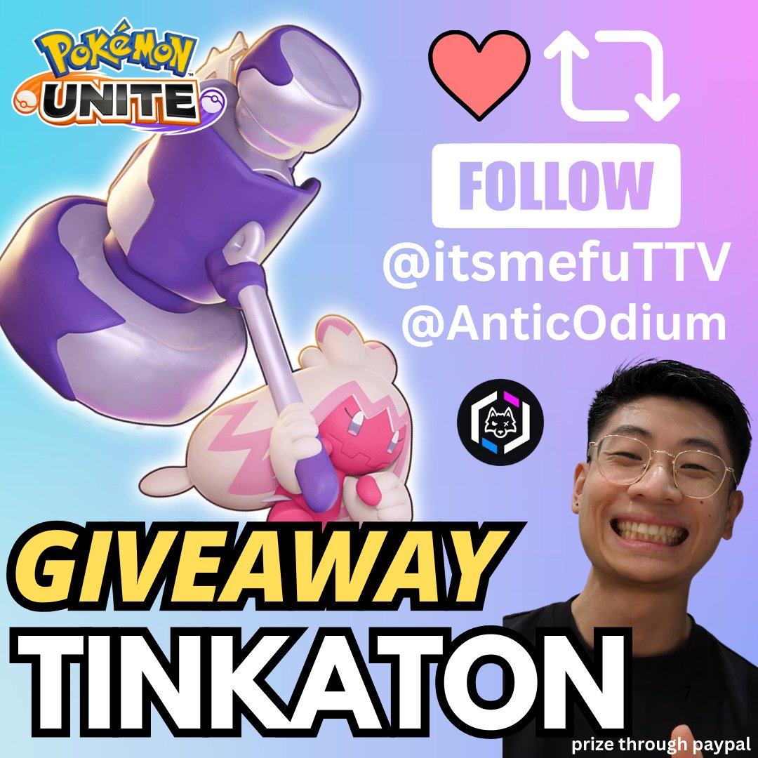 🩷TINKATON UNITE LICENCE GIVEAWAY🩷Sponsored by Antic x Odium!  

To Enter: 
🔨Like &amp; Retweet
🔨Must be following <a href="/AnticOdium/">Antic x Odium</a> &amp; <a href="/itsmefuTTV/">itsmefu</a>  

Bonus entry: Tag a friend you'd bonk on the head with Tinkaton😂!
Winner drawn on stream on 16 Dec!
#PokemonUNITE #Tinkaton #Giveaways