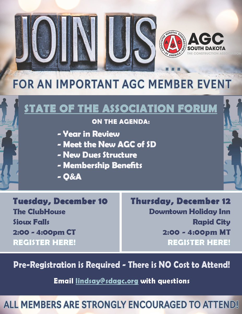 AGCofSD's tweet photo. 🏗️ HAPPENING TODAY!
State of the Association Forum
🗓️ TODAY | 📍 Sioux Falls
🔹 2025 Updates
🔹 New Dues Structure
🔹 Live Q&amp;A
📝 FREE! Register: Becca@sdagc.org or Click here
#AGCSD #MemberForum https://t.co/nZfuwFulMm