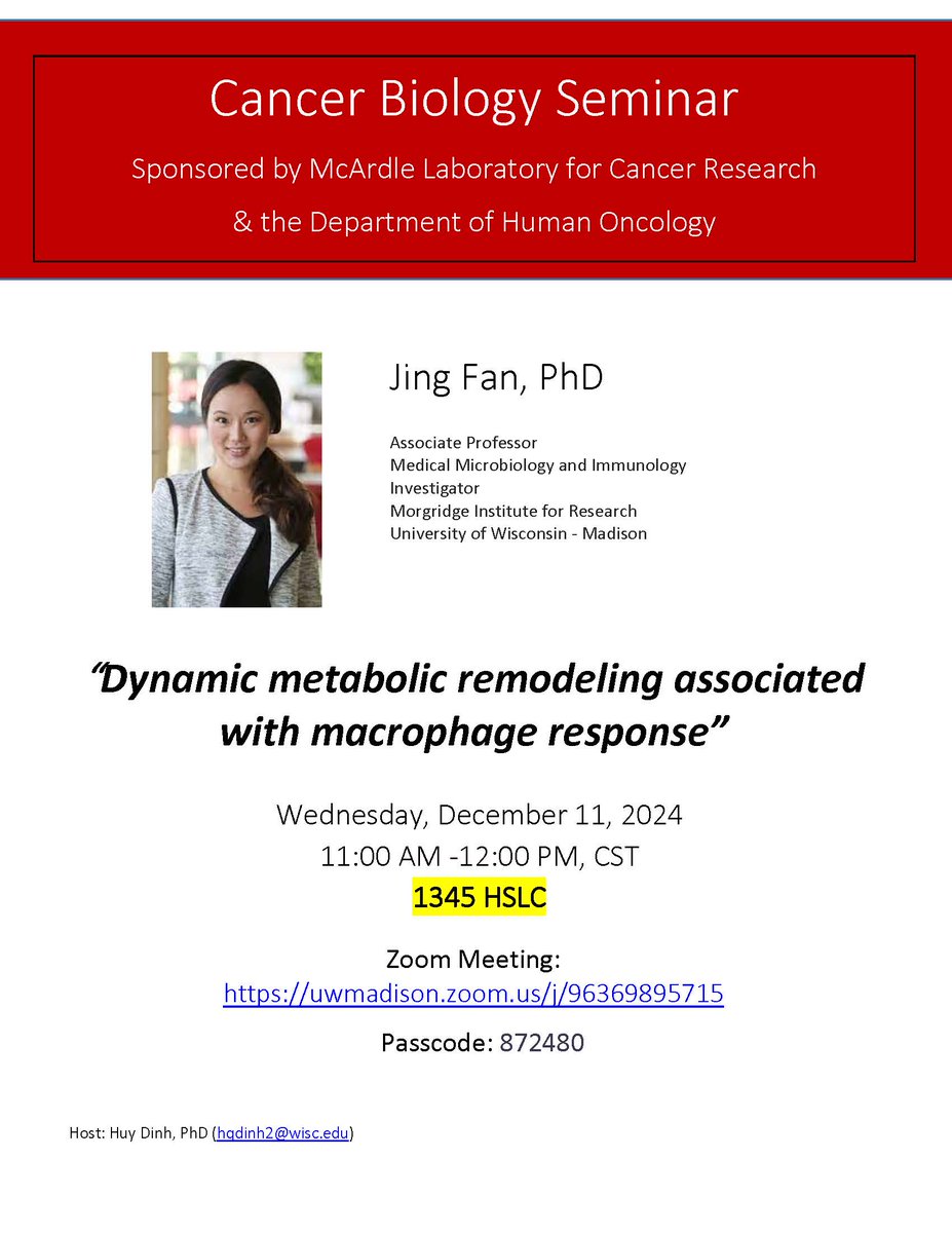 Tomorrow at 11 am CST: join in person or on Zoom for the last #cancerbiologyseminar of the year. Sponsored by  #mcardlelab . uwmadison.zoom.us/j/96369895715