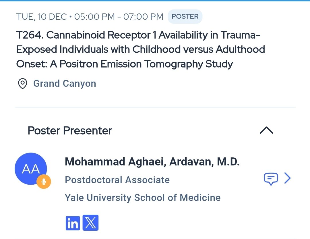 Anahita Bassir Nia (@anahitabassir) on Twitter photo Another poster from <a href="/YaleABNLab/">YaleABNLab</a> with @harpaz_l.
<a href="/AMohammadaghaei/">Ardavan Mohammad Aghaei</a> will present #cannabinoid receptor type 1 availability in #ptsd with #childhood_trauma today at 5pm.
#acnp2024
<a href="/ACNPorg/">ACNP</a>
<a href="/YalePsych/">Yale Psychiatry</a> Another poster from <a href="/YaleABNLab/">YaleABNLab</a> with @harpaz_l.
<a href="/AMohammadaghaei/">Ardavan Mohammad Aghaei</a> will present #cannabinoid receptor type 1 availability in #ptsd with #childhood_trauma today at 5pm.
#acnp2024
<a href="/ACNPorg/">ACNP</a>
<a href="/YalePsych/">Yale Psychiatry</a>