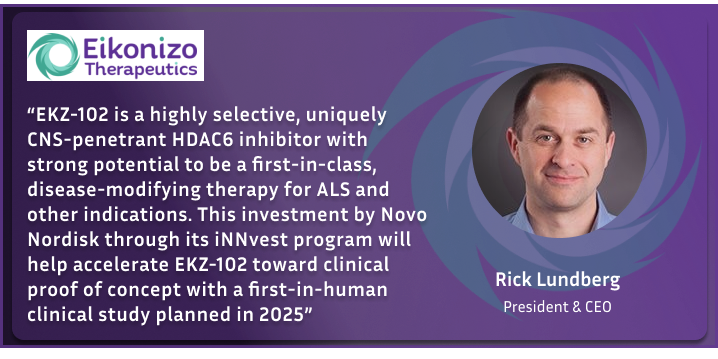 Eikonizo Therapeutics (@eikonizo) on Twitter photo We’re thrilled to announce an investment by <a href="/NovoNordisk/">Novo Nordisk</a> which will support development of our lead candidate EKZ-102 for ALS and enable the advancement of our novel HDAC6 inhibitors as potential disease-modifying therapeutics for cardiorenal disease.
businesswire.com/news/home/2024… We’re thrilled to announce an investment by <a href="/NovoNordisk/">Novo Nordisk</a> which will support development of our lead candidate EKZ-102 for ALS and enable the advancement of our novel HDAC6 inhibitors as potential disease-modifying therapeutics for cardiorenal disease.
businesswire.com/news/home/2024…
