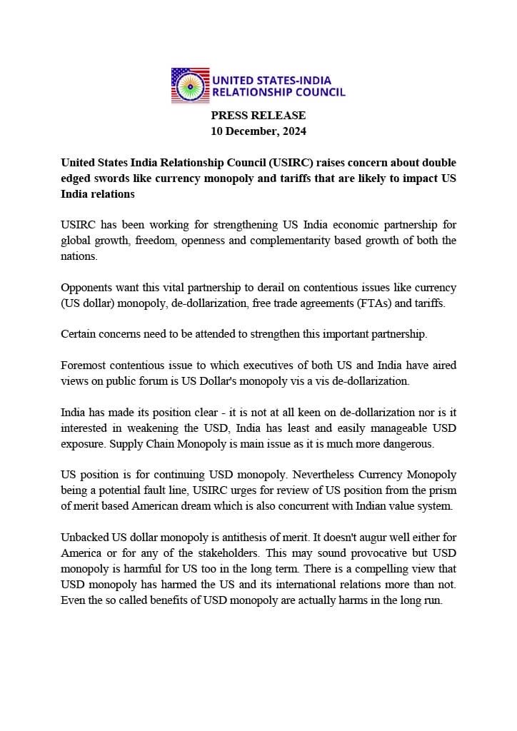 USIRCOnline's tweet image. @USIRCOnline raises concern about double edged swords like currency monopoly and tariffs that are likely to impact US India relations.