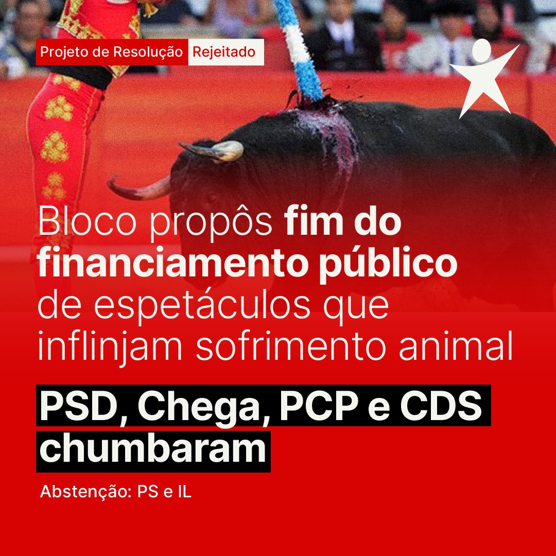 GPBloco's tweet photo. Portugal gasta anualmente cerca de 20 milhões de euros com as touradas. 

O mínimo da decência é não financiar a tortura animal com o dinheiro que é de todos, mas PSD, CH e PCP, que também aprovaram a baixa do IVA das touradas para 6%, querem perpetuar esta má despesa pública. https://t.co/yN4Hg2hvBx