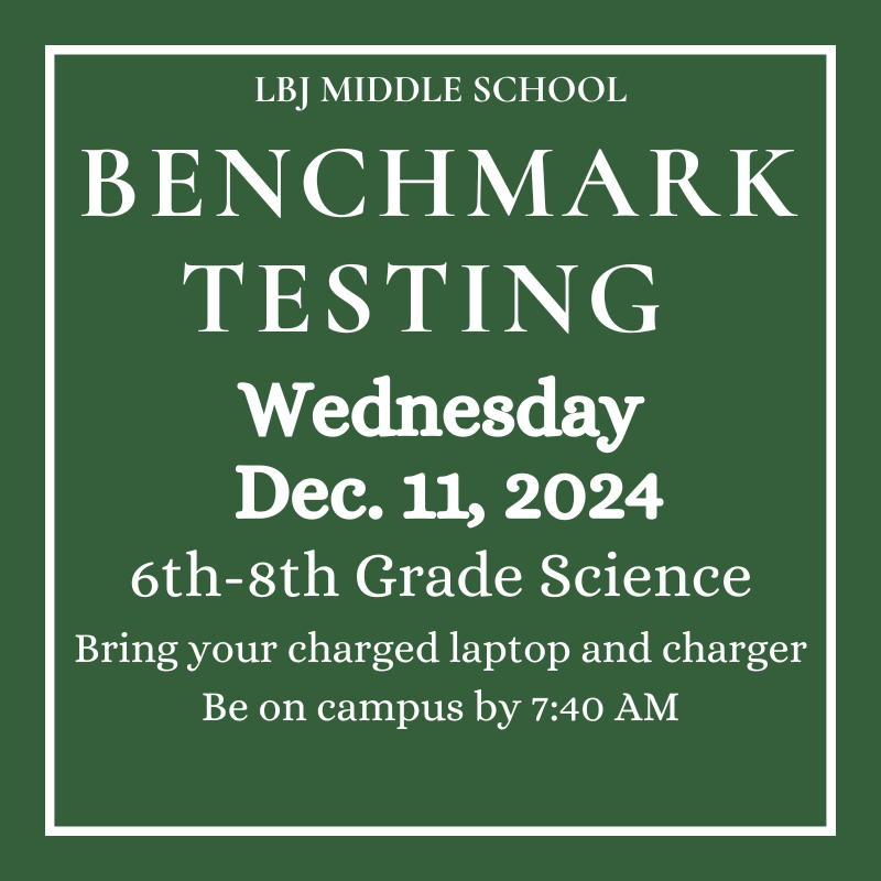 Tomorrow benchmark testing concludes with the Science exam for all three grade levels.  Make sure the laptops are charged and that you bring your charger to school!
