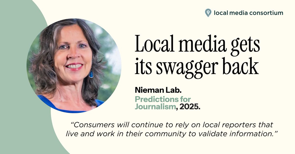 Local Media Consortium (@lmconsortium) on Twitter photo ✨ Local news is getting its swagger back.
Fran Wills & the <a href="/LMConsortium/">Local Media Consortium</a> share predictions for how local outlets will thrive in 2025: ✅ AI partnerships ✅ Content diversification ✅ Expanded access.
Read in Nieman Lab: hubs.li/Q02_5gS50
#LocalNews #Journalism2025 #LMC ✨ Local news is getting its swagger back.
Fran Wills & the <a href="/LMConsortium/">Local Media Consortium</a> share predictions for how local outlets will thrive in 2025: ✅ AI partnerships ✅ Content diversification ✅ Expanded access.
Read in Nieman Lab: hubs.li/Q02_5gS50
#LocalNews #Journalism2025 #LMC
