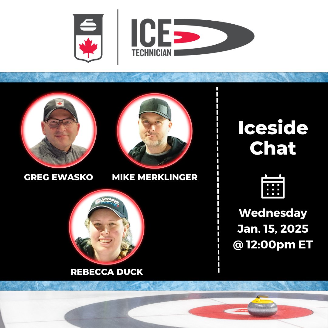 #ThankAnIceTech Week is from January 12-18! 

In celebration, Curling Canada will be hosting a virtual Iceside Chat with national ice technicians Greg Ewasko, Mike Merklinger, and Rebecca Duck on Wednesday, January 15 at 12 p.m. ET. 

Best practices, FAQs, and questions from