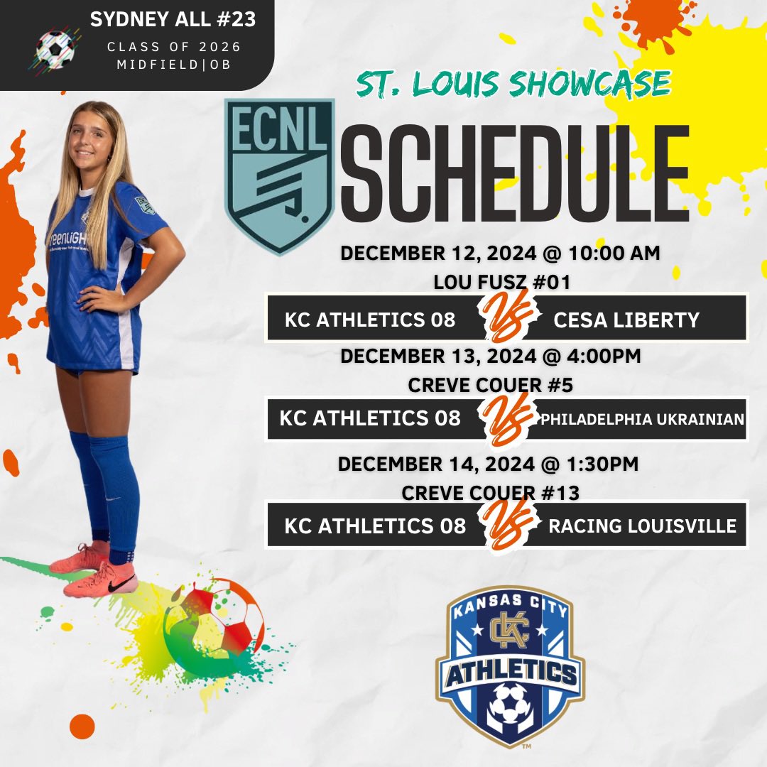 Coaches, come see my <a href="/KCACElite08ECNL/">KC Athletics Academy Elite 08 ECNL</a> team play this weekend in the <a href="/ECNLgirls/">ECNL Girls</a> St. Louis showcase!

<a href="/TopDrawerSoccer/">TopDrawerSoccer</a> <a href="/ImYouthSoccer/">ECNL/GA/Recruiting/College Soccer</a> <a href="/ImCollegeSoccer/">College Soccer Truth ™</a>