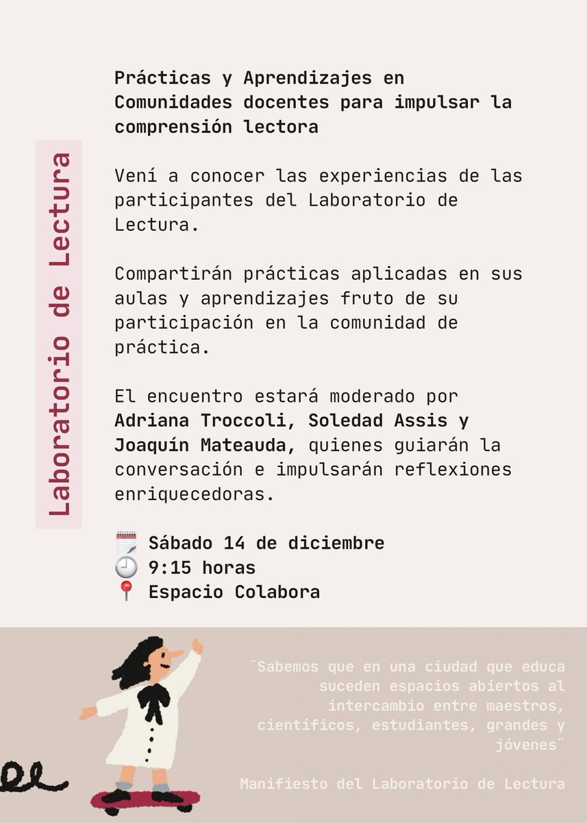 🧪¡Abrimos el aula con moderadores de lujo! 

Las  maestras de 8 escuelas compartirán las prácticas de aula que ya llevaron a cabo con sus estudiantes para promover la comprensión lectora 📚
Nos contarán sus resultados y aprendizajes

<a href="/AdrianaTroccoli/">Adriana Troccoli Garcia</a> <a href="/JoacoMateauda/">Joaco Mateauda</a> <a href="/AssisSoledad/">María Soledad Assis</a>
