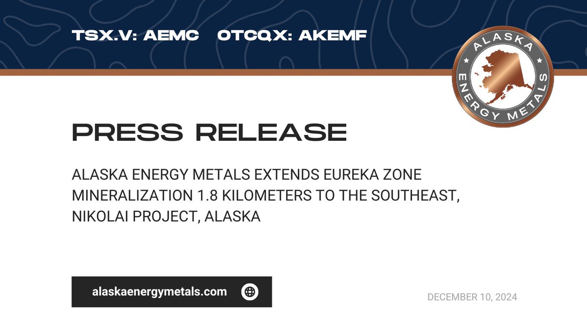 All 2024 results from our Eureka resource expansion drill program have been received! Now we can work to calculate an update to our Mineral Resource Estimate and anticipate producing this update in the first quarter of 2025: alaskaenergymetals.com/news/extends-e…