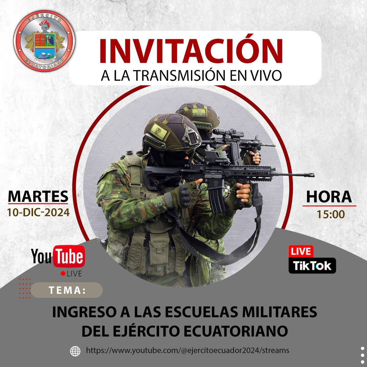El Ejército Ecuatoriano invita a la transmisión en vivo para el ingreso a las escuelas de formación del 2025
#EjércitoECU