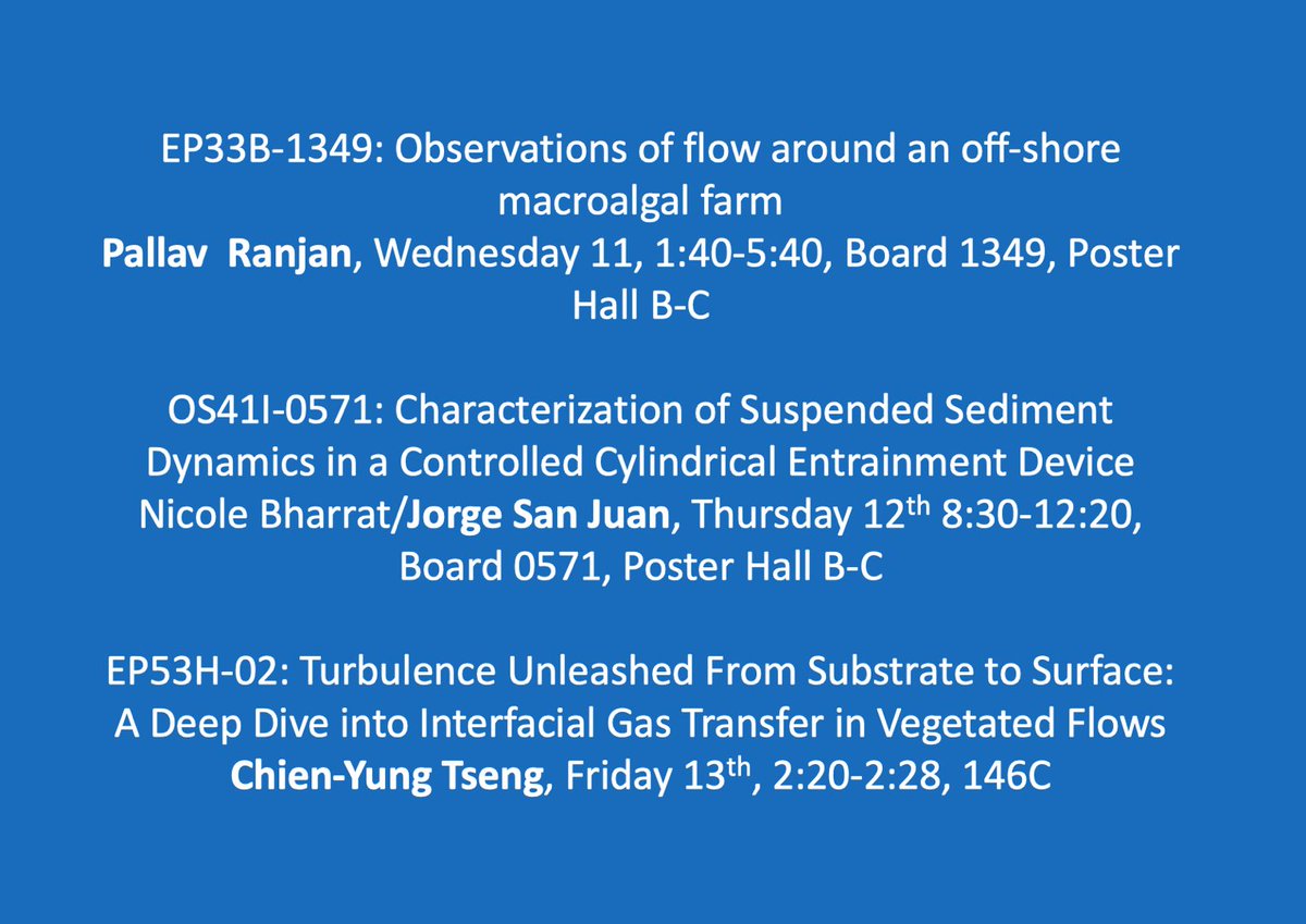 Rafael Tinoco (@rafaelotinoco) on Twitter photo The EEL is at #AGU24.
Join us to talk about invasive fish, oyster reefs, and all things ecohydraulics.
3. Because once an EEL, always an EEL. Check out the work from <a href="/HydroLab_UIUC/">V.T.Chow Hydrosystems Lab</a> alumni, Pallav Ranjan, Jorge San Juan, and Chien-Yung Tseng. The EEL is at #AGU24.
Join us to talk about invasive fish, oyster reefs, and all things ecohydraulics.
3. Because once an EEL, always an EEL. Check out the work from <a href="/HydroLab_UIUC/">V.T.Chow Hydrosystems Lab</a> alumni, Pallav Ranjan, Jorge San Juan, and Chien-Yung Tseng.