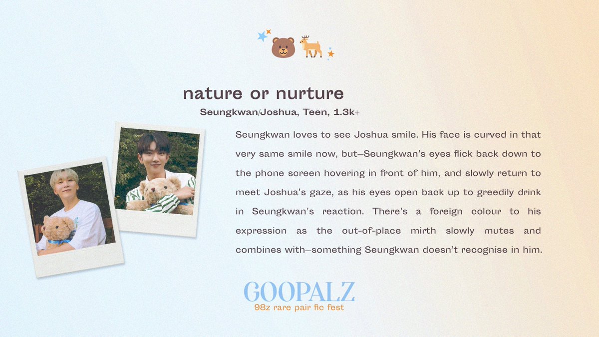 98zrarepair's tweet photo. nature or nurture
🐻 seungkwan/joshua
🔹 1.3k | teen
https://t.co/9dB2OL4rED https://t.co/udC6zpnNtL
