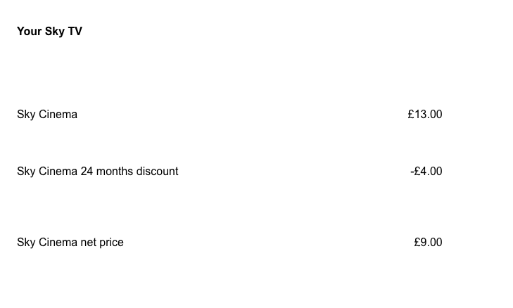 visartuk's tweet photo. @SkyHelpTeam Carefuk people, I tooksky cinema at £9 per month for 24months in July 2024. Discounted from £13. 4 months later I am now charged £19 per month. #underhanded https://t.co/aFz0eudfsT