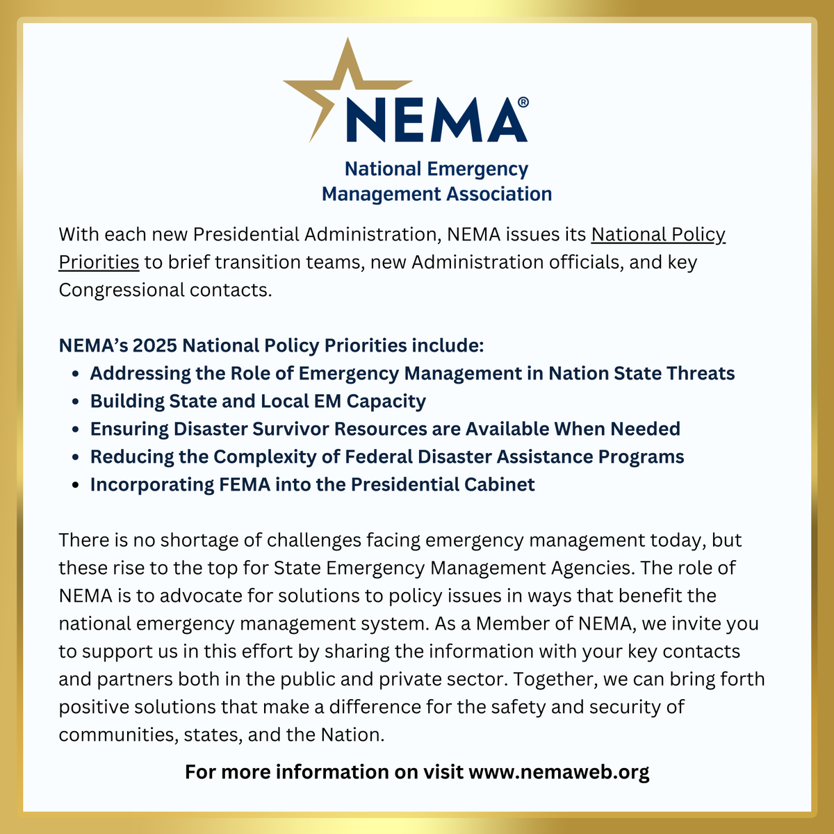 NEMA_web's tweet photo. With each new Presidential Administration, NEMA issues its National Policy Priorities to brief transition teams, new Administration officials, and key Congressional contacts. Read more about NEMA's 2025 National Policy Priorities here: https://t.co/rTSWCjAuJd https://t.co/7C6uWBqKbf