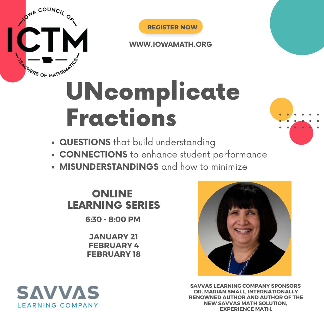 📢 Attention educators! Unlock the secrets to mastering fractions in the "UNcomplicate Fractions" online learning series with the amazing Dr. Marian Small! 🎉

🗓 Dates:
January 21 | February 4 | February 18
⏰ Time: 6:30 PM – 8:00 PM

✔️ Learn to:

Ask questions that build