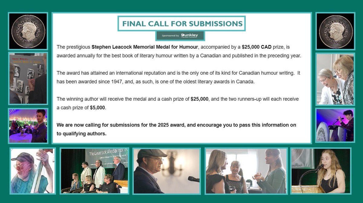 Final call for submissions for the Leacock Medal Award! 

PS: Deadline for the Leacock Student Short Story Award isn’t until April 15th, 2025.

leacock.ca/medalaward.php