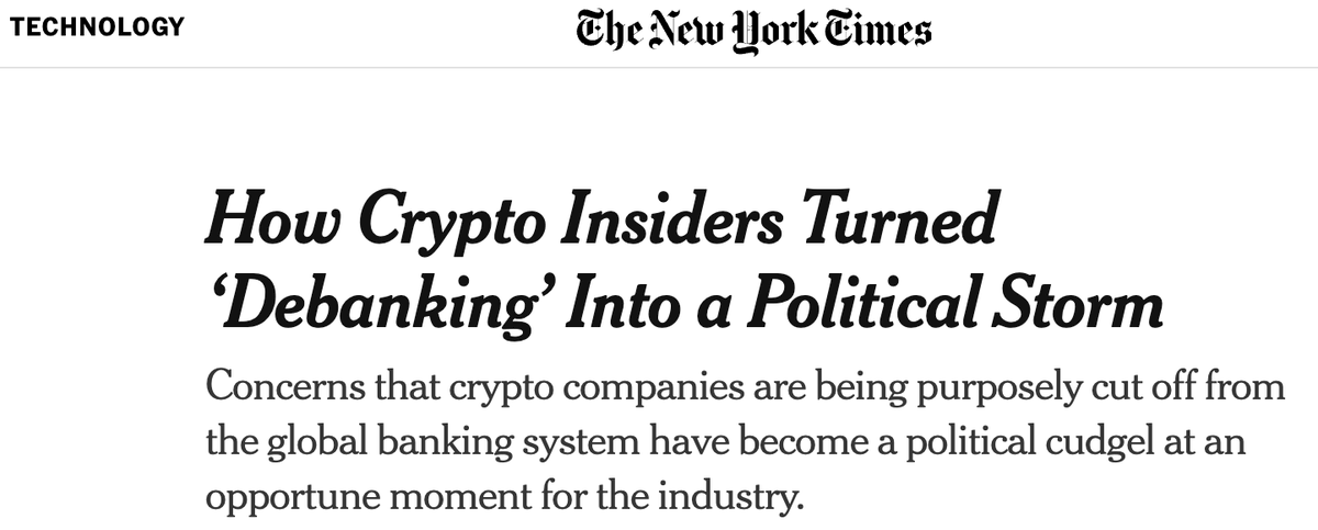 CaitlinLong_'s tweet image. HOLY COW--a balanced story from NYTimes about #debanking. The DC blob has clearly coordinated to deny that it&apos;s happening (eg, WaPo, Punchbowl &amp;amp; 60 Minutes denial stories last weekend), but NYTimes broke ranks &amp;amp; finally admitted that yes, it&apos;s happening:
archive.li/nX82f
