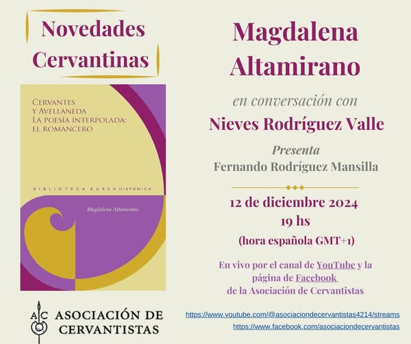 cmatain's tweet photo. 12 DIC, 19 h (GMT+1), sesión de #NovedadesCervantinas de la @acervantistas. Se presenta el #libro: #Cervantes y #Avellaneda. La #poesía interpolada: el #Romancero, de Magdalena Altamirano. ¡Estáis cordialmente invitados!
#Literatura #SiglodeOro #MigueldeCervantes #Cervantismo https://t.co/MwwrEpGDUG
