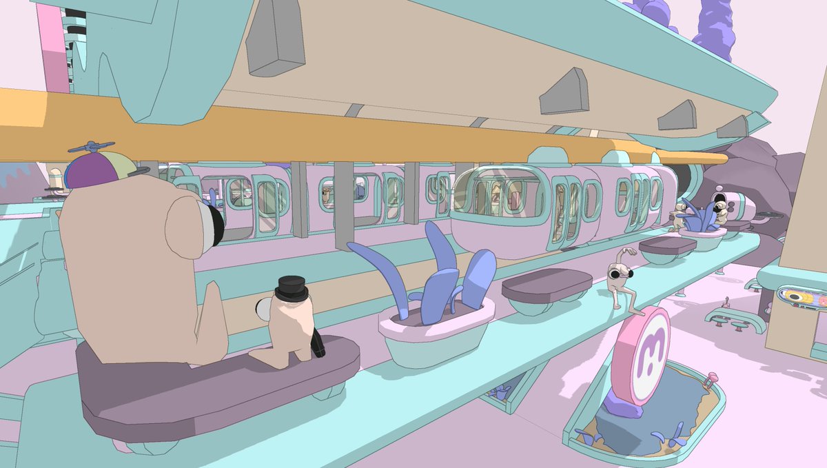 Ready to explore the Grombi Isles?🏝️

The Monorail is the comfy and convenient way to explore the Town District! Many citizens find its swift smooth ride delightful as they go about their lives🚝

If you're blue and stretchy then make sure to hold on for an extra exciting ride!🖐️