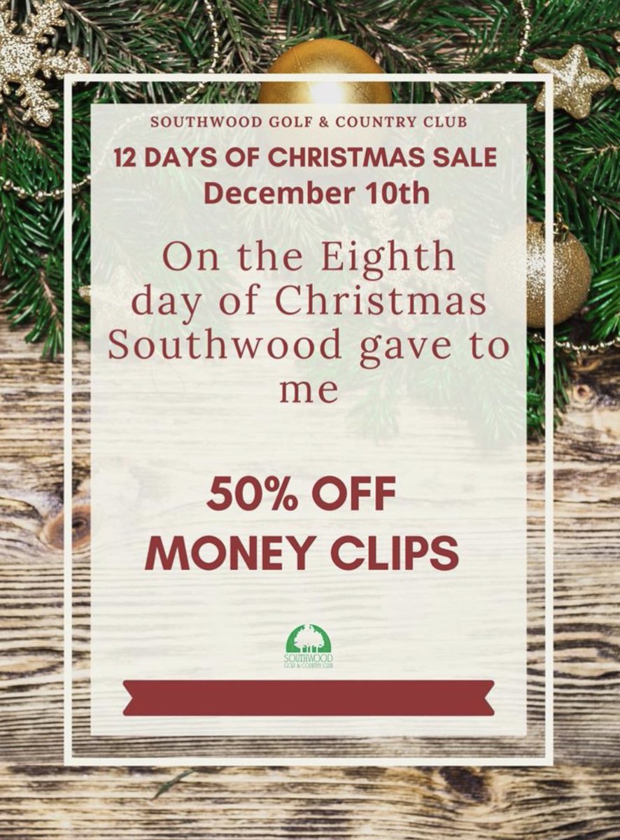 🎶 On the eighth day of Christmas, Southwood gave to me… 🎵 
50% off Southwood logo money clips!
#12DaysOfChristmas
#ClubLife
#SouthwoodGolfAndCountryClub