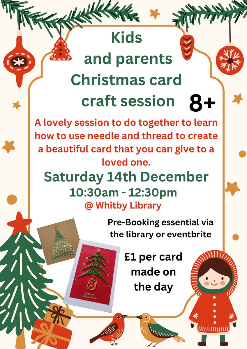 Spend some quality time with your youngster on Saturday 14th Dec creating cards for your loved ones . Our volunteer Carol will teach you how to make hand sewn cards, &amp; you only pay for the cards you create to cover the materials she has brought in. £1 per card.
Ring 01609 534350