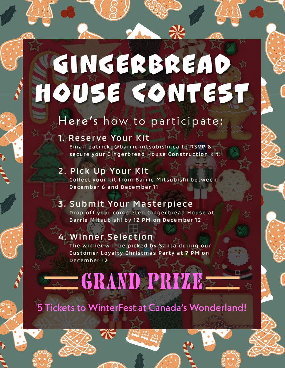 MitsuBarrie's tweet photo. Location: #BarrieMitsubishi
When: December 12, 4 PM - 8 PM

We’re excited to see everyone’s holiday spirit and creativity! 

#UglySweaterContest #GingerbreadHouseContest #HolidayFun https://t.co/rKv3ONgUij