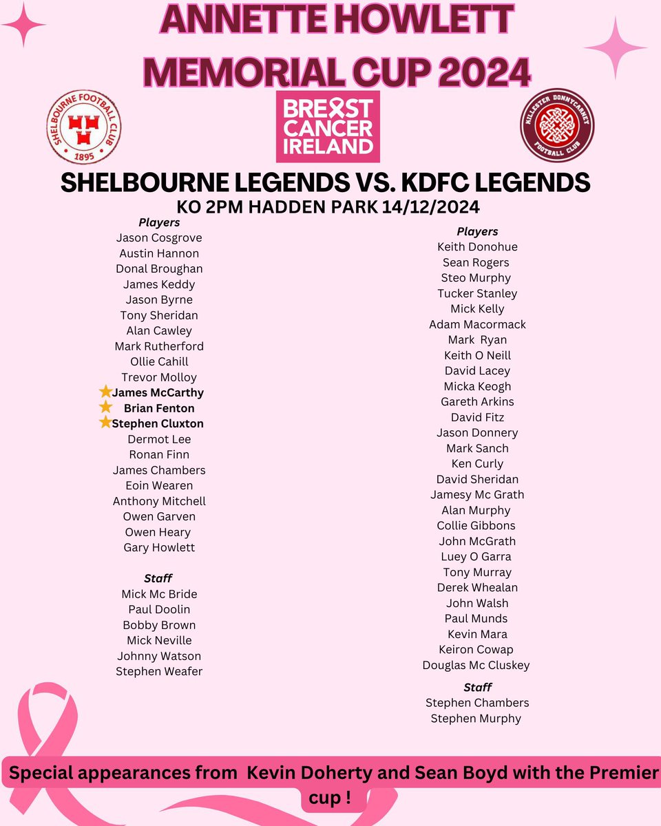 shelsfc's tweet photo. This Saturday 14th at 2pm, the Shels Legends will take on the Killester Donnycarney Legends in the Annette Howlett Memorial Cup Match in support of AH Breast Cancer Ireland. 🩷 
Sean Boyd accompanied by the LOI  Trophy will be there for photos.

Donate ⬇️
https://t.co/F1L8D4krTJ https://t.co/5zezJrZ0uV