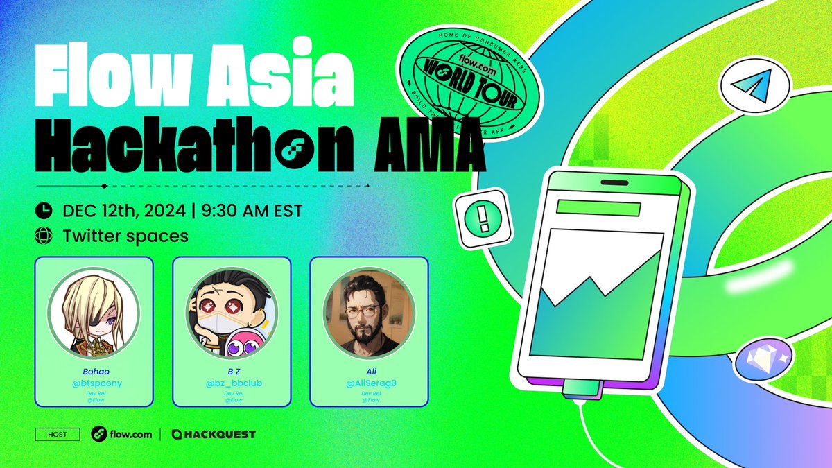 HackQuest_'s tweet photo. Join AMA with @btspoony @bz_bbclub @AliSerag0 and our very own @harryzhangs to find winning secrets to Flow Asia Hackathon 🌊

☘️ Tips for Flow Asia Hackathon
💁 Resources for developers
✨ Expectations from the judge

⏰ Dec 12 | 9:30 AM EST

Set a reminder 👇 to #GoWithFlow https://t.co/WJdFQyjWFs