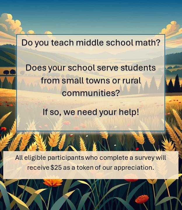 Are you a middle school mathematics teacher who works with students from small towns or rural communities? If so, help us learn more about rural mathematics education!
survey.alchemer.com/s3/8067232/Stu…
#mathteacher #NSTA #NCTM #NEA #AMTE #NREA #RSC