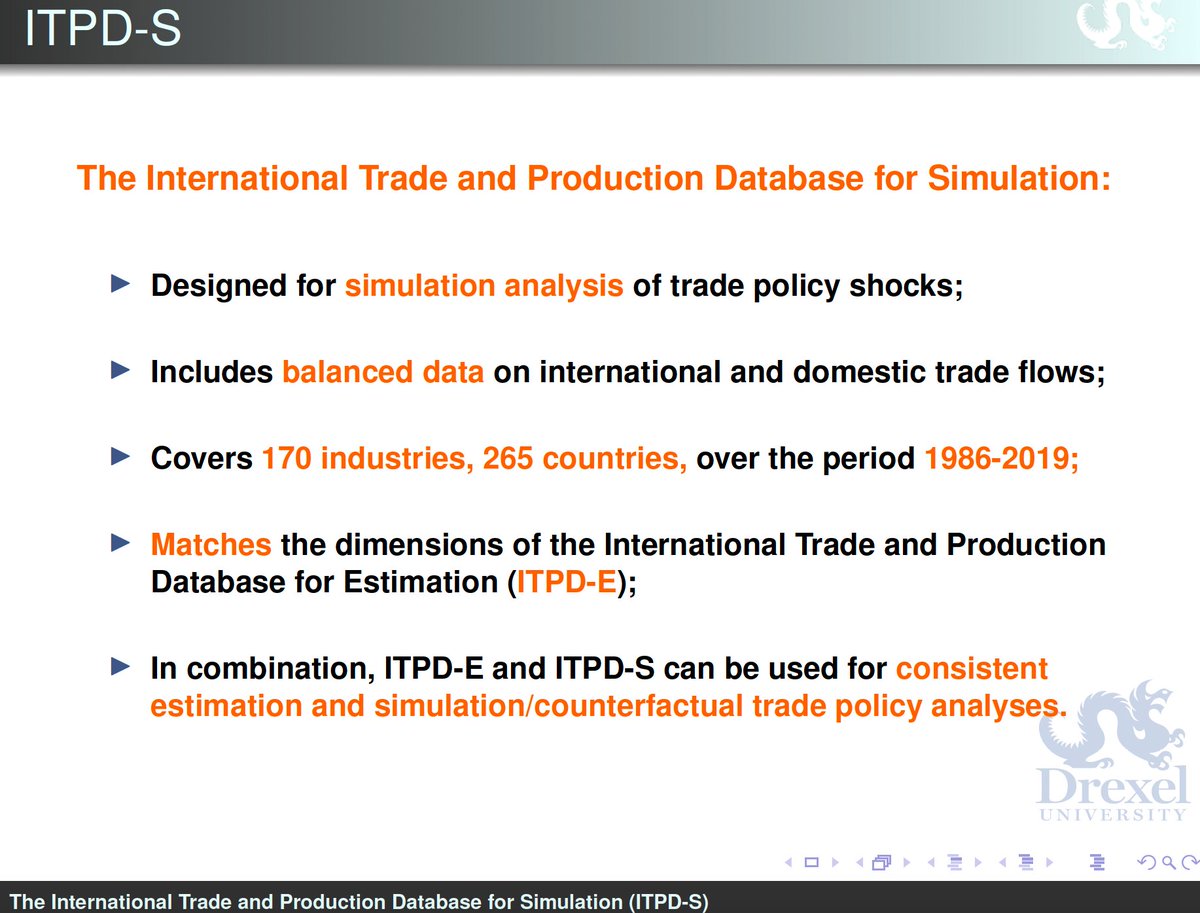 Yoto V. Yotov (@yotovg) on Twitter photo NEW DATA! Very happy that ITPD-S is now public (& free)! For the first time, we have consistent datasets (ITPD-E & ITPD-S) that can be used for estimation and simulation of trade policy effects. Ingo, Mario, Serge, and I hope it is useful. Gravity rules💪
usitc.gov/data/gravity/i… NEW DATA! Very happy that ITPD-S is now public (& free)! For the first time, we have consistent datasets (ITPD-E & ITPD-S) that can be used for estimation and simulation of trade policy effects. Ingo, Mario, Serge, and I hope it is useful. Gravity rules💪
usitc.gov/data/gravity/i…
