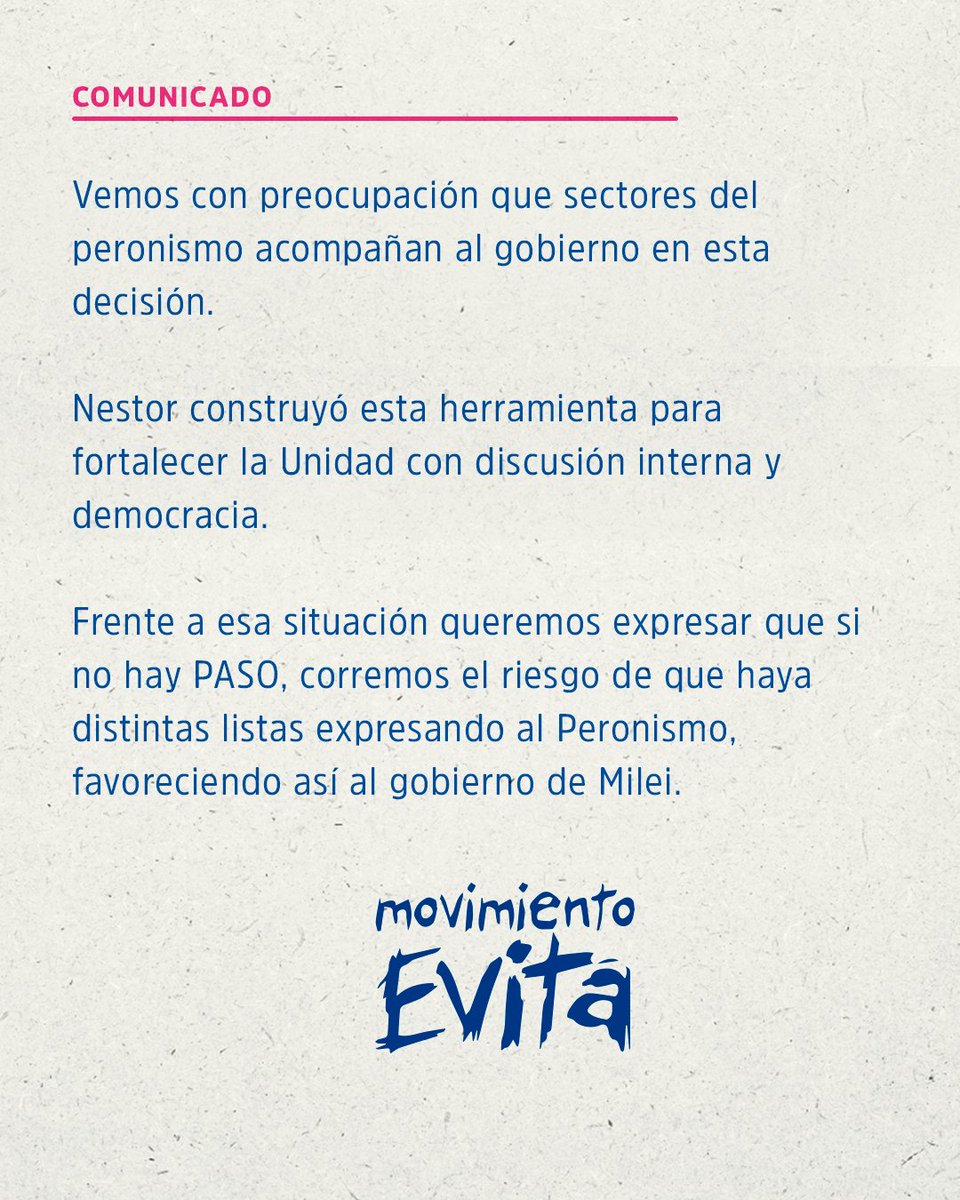 MovimientoEvita's tweet photo. Sin PASO se debilita la democracia 

Desde el Movimiento Evita queremos expresar nuestro enorme desacuerdo con la política del gobierno de derogar las PASO, herramienta que ha permitido democratizar la representación política. 👇 https://t.co/I0znSCLMdI