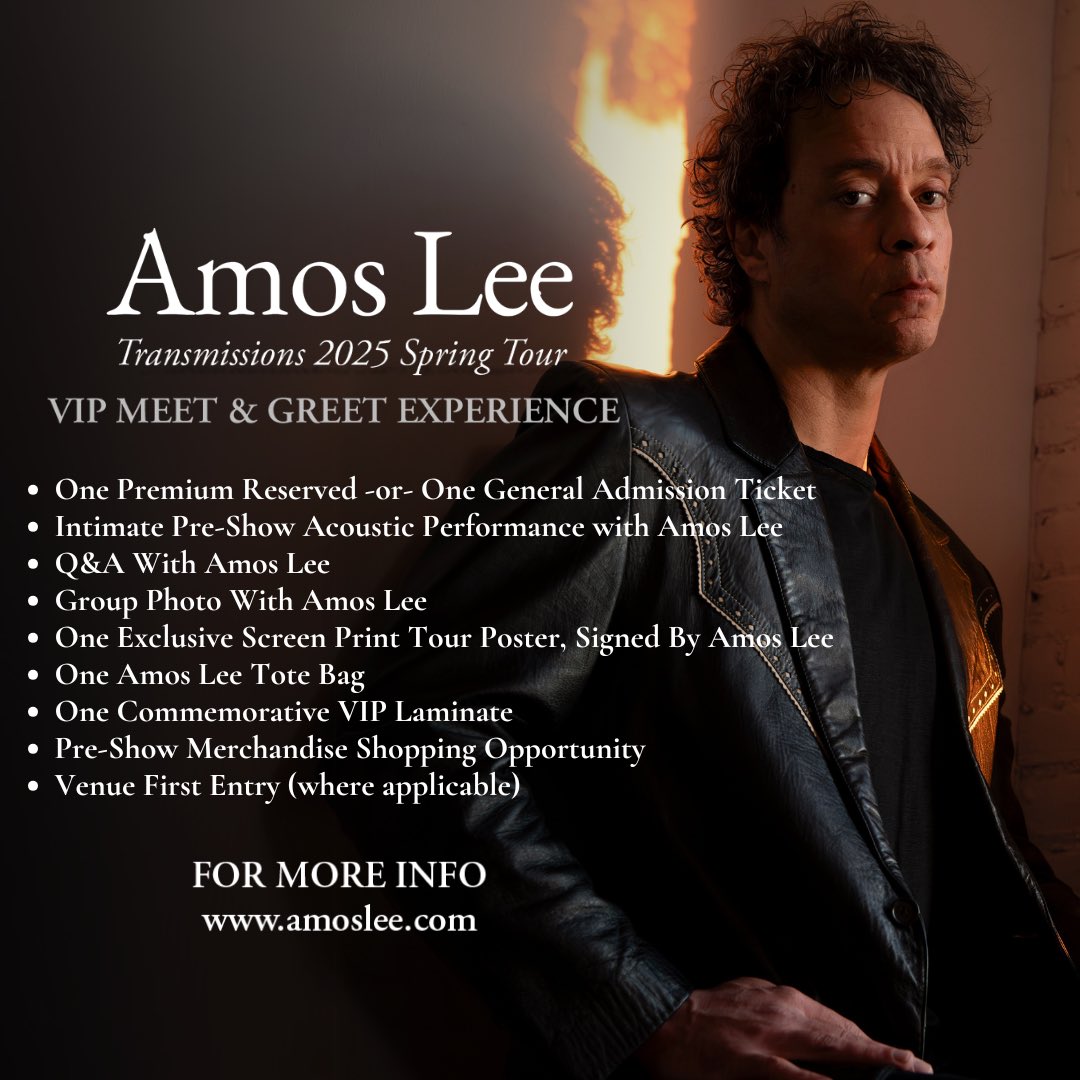 Here we go! The Transmissions Spring Tour is coming in 2025 and VIP packages are back! Presale starts Wednesday Dec 11 at 10 AM local. Use code: TRANSMISSIONS. 

Public on sale Friday Dec 13th at 10 AM local. Can’t wait to see you!

Tickets: amoslee.com/tour