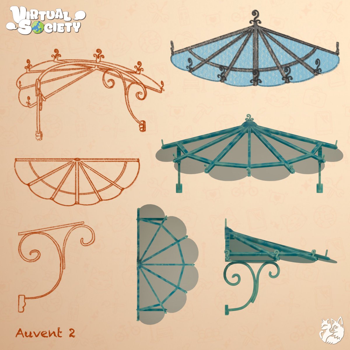 Here’s some of our stunning awning concepts art, and the 3D objects that wou'll see in VirtualSociety! 🌟
Every detail is crafted to inspire your creativity!