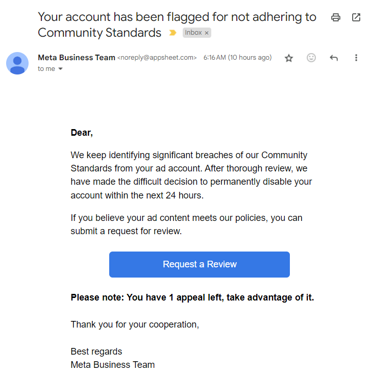 This email kinda looks like it could be from Meta, but still, I assume it is a scam. Is it?