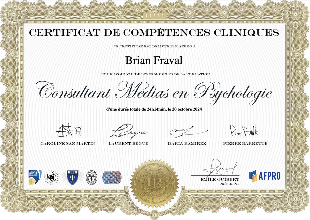 Après l’Expertise psychologique en justice 🧑‍⚖️⚖️
L’intervention psychologique de crise 🧑‍🚒🚨
Consultant Médias en psychologie 👨‍💻📺📡

Je viens de terminer la formation Psychologie de l’enfant à l’AFPRO

#expertise #psychologie #enfants #emotions #projective #cat #education #ethique