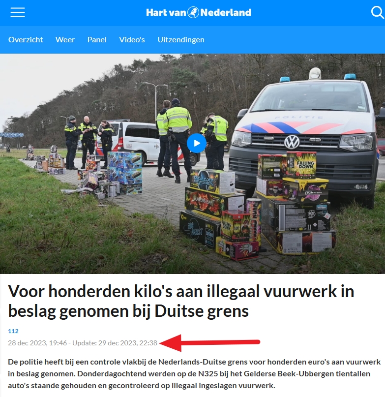 De door <a href="/PGKroeger/">PG Kroeger</a> op <a href="/X/">X</a> geposte afbeelding (archive.ph/RTAog) dateert van december 2023 en toont een grenscontrole tussen Beek-Ubbergen (bij Nijmegen) en de Duitse grens. De politie nam daarbij 500 kilo aan vuurwerk in beslag.

#Factcheck: hartvannederland.nl/112/artikelen/…