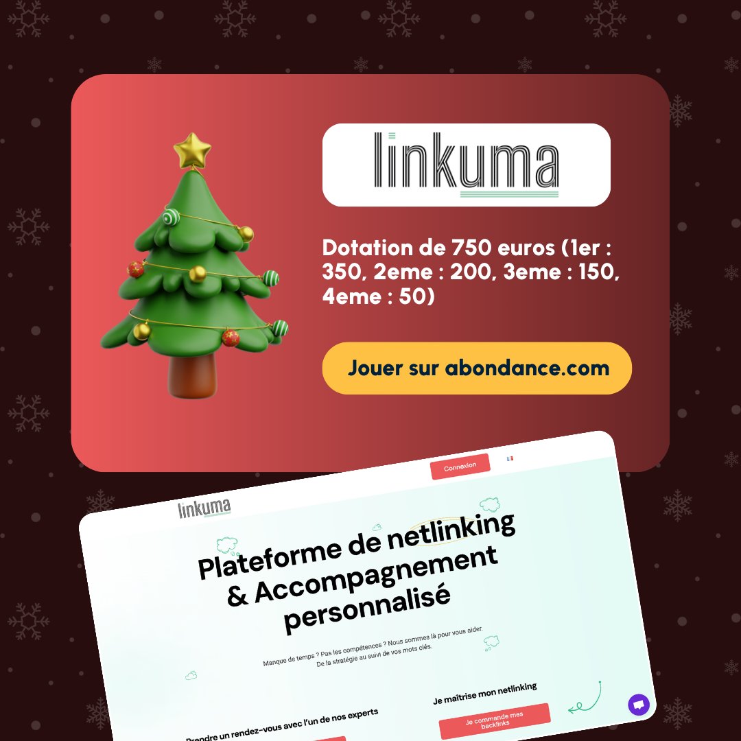 Jour 13 - Calendrier de l'Abondance 🎄

Gagnez 750€ sur <a href="/Linkuma_off/">Linkuma</a> aujourd'hui 🔥 4 gagnants seront tirés au sort ! Pas de raison qu'il n'y ait que 3 gagnants 😉

Pour participer, on vous explique tout sur la case 13 👉abondance.com/calendrier-abo…