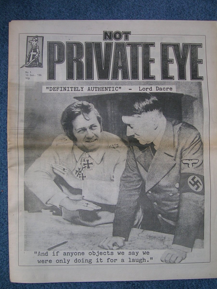 MostlyPrint's tweet image. #OTD 10 December 1986. Celebrating a libel victory, the newspaper proprietor and occasional thief, Robert Maxwell, published Not Private Eye, a feeble jibe at the editorial team in Greek Street. Richard Ingrams and Ad0lf Hitler on the front. #PrivateEye #ianhislop