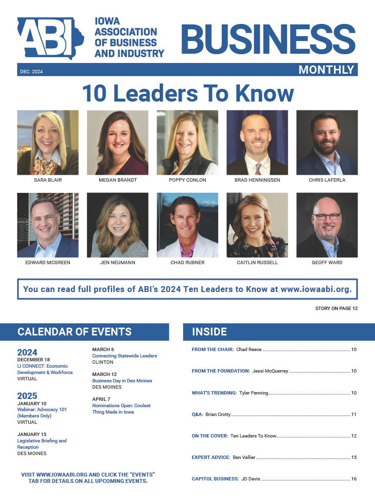 IowaABI's tweet image. The final ABI #BusinessMonthly of 2024 is out now! 📰 Check out the cover story and get to know 10 fantastic ABI members and Iowa business and industry leaders! Read here ➡️ bit.ly/3D5tgSd