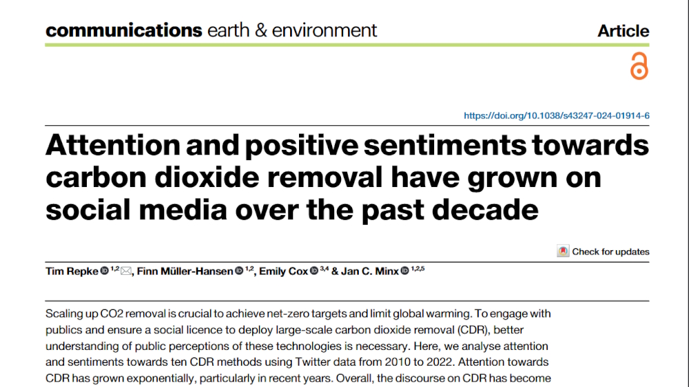 MCC Berlin (@mcc_berlin) on Twitter photo How do people view carbon removal #CDR, the emerging third pillar of #Climate policy along with emissions reduction & adaptation? A new <a href="/CommsEarth/">Communications Earth & Environment</a> study led by <a href="/Timmothey/">Tim Repke</a> (<a href="/MCC_Berlin/">MCC Berlin</a>) reveals growing attention & positive sentiments on social media.
nature.com/articles/s4324… How do people view carbon removal #CDR, the emerging third pillar of #Climate policy along with emissions reduction & adaptation? A new <a href="/CommsEarth/">Communications Earth & Environment</a> study led by <a href="/Timmothey/">Tim Repke</a> (<a href="/MCC_Berlin/">MCC Berlin</a>) reveals growing attention & positive sentiments on social media.
nature.com/articles/s4324…