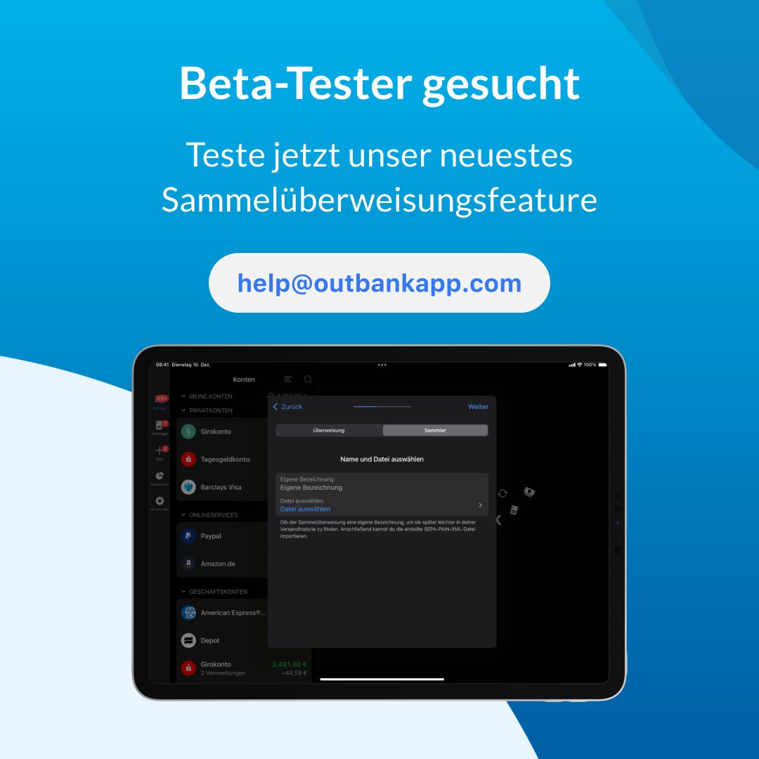 Hast  du Lust uns als #Beta-Tester zu helfen? Wir suchen DICH, wenn du unsere  kommende Sammelüberweisungsfunktion testen möchtest.

Melde dich jetzt über die Einstellungen deiner App unter 'Hilfe' > 'Support anschreiben' an.
#sammelüberweisung #sammelüberweisungen #outbankapp