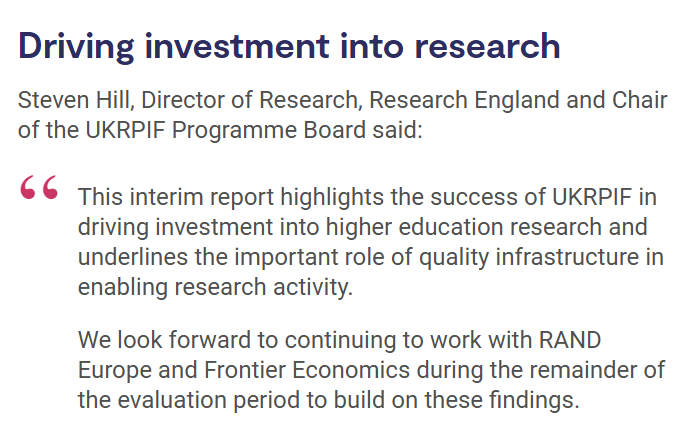 Research England (@resengland) on Twitter photo Today we’re pleased to share the interim evaluation report on the UK Research Partnership Investment Fund (UKRPIF). The report, produced by <a href="/RANDEurope/">RAND Europe</a> with Frontier Economics, shows that UKRPIF supports infrastructure, collaboration & investment.
More: orlo.uk/3kDMy Today we’re pleased to share the interim evaluation report on the UK Research Partnership Investment Fund (UKRPIF). The report, produced by <a href="/RANDEurope/">RAND Europe</a> with Frontier Economics, shows that UKRPIF supports infrastructure, collaboration & investment.
More: orlo.uk/3kDMy