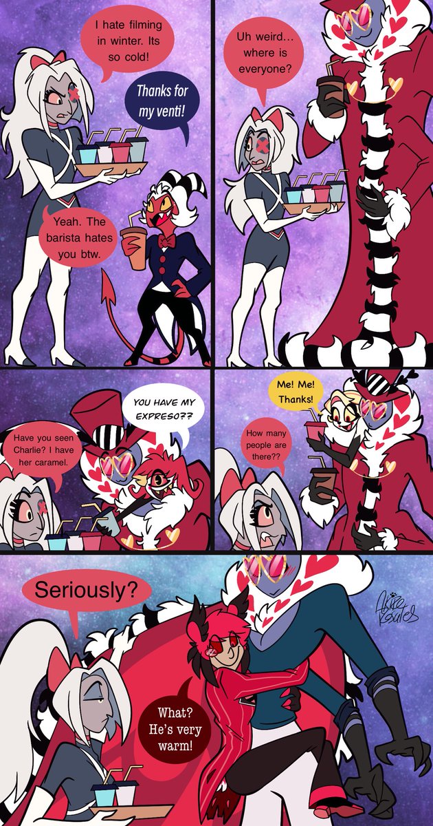 AkireRosales's tweet photo. Actor’s AU, where all the characters are actors!

Winter Season is here!! Remember to wear your jackets! Or cuddle to your nearest source of warmth aka a hot friend 🤭

#HazbinHotel
#HazbinHotelComic
#Alastor
#Vaggie
#Moxxie https://t.co/uztAm7WsfF