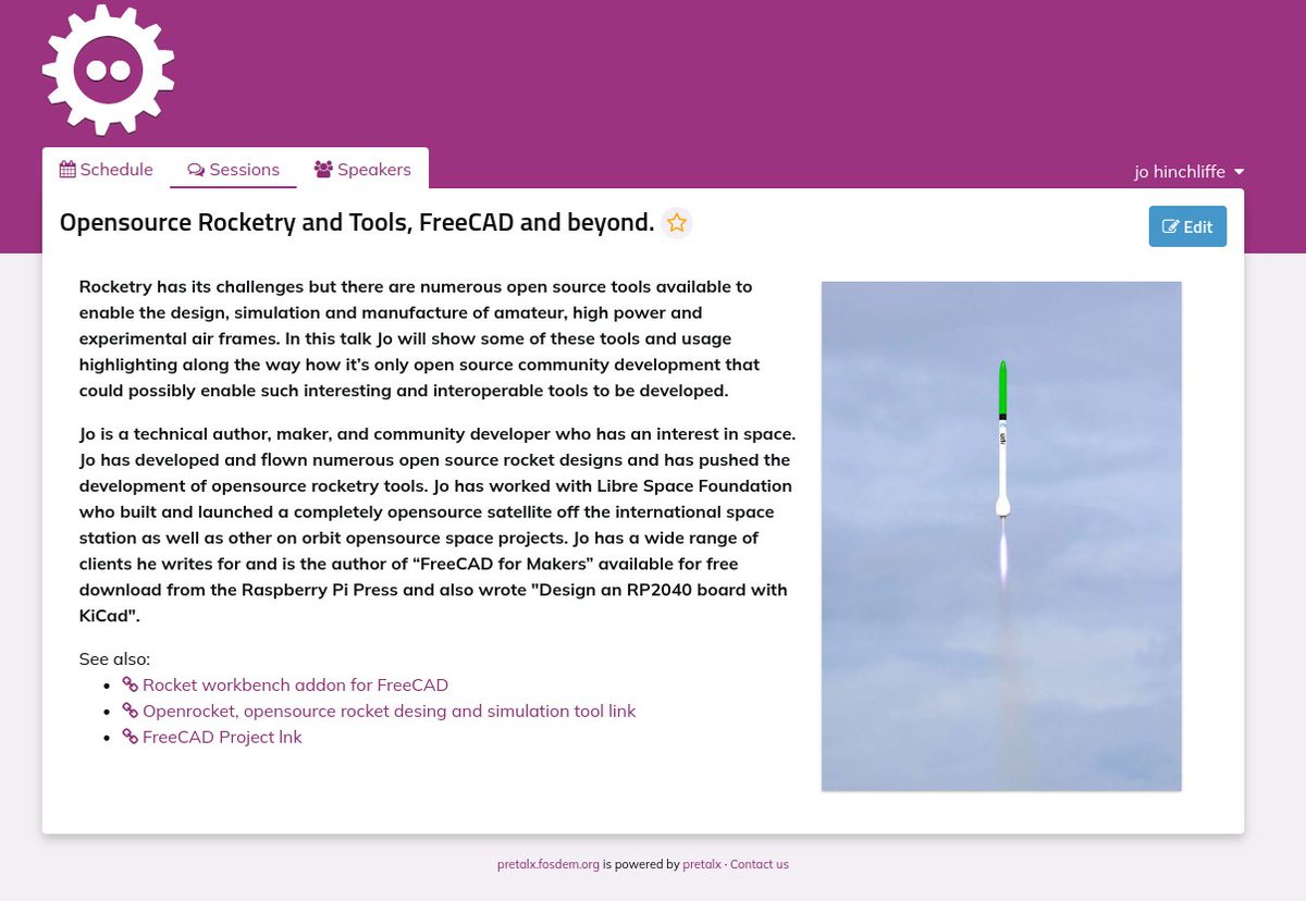 concreted0g's tweet photo. Super excited to have my #opensource #rocketry talk accepted for @fosdem .. there'll be loads of talk of @FreeCADNews @kicad_pcb #openrocket and many mentions for @DavesRocketShop :) https://t.co/Q0WiPkQgQG