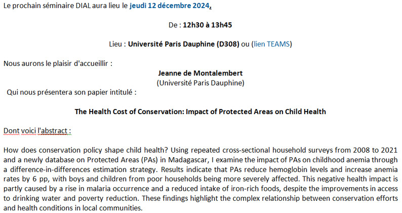 DIAL (@dialdevelopment) on Twitter photo Séminaire DIAL jeudi 12 décembre de 12h30 à 13h45
<a href="/Paris_Dauphine/">Université Paris Dauphine - PSL</a>.
Jeanne de Montalembert (<a href="/Paris_Dauphine/">Université Paris Dauphine - PSL</a>) présentera son papier intitulé "The #Health Cost of #Conservation: Impact of Protected Areas on Child Health". Séminaire DIAL jeudi 12 décembre de 12h30 à 13h45
<a href="/Paris_Dauphine/">Université Paris Dauphine - PSL</a>.
Jeanne de Montalembert (<a href="/Paris_Dauphine/">Université Paris Dauphine - PSL</a>) présentera son papier intitulé "The #Health Cost of #Conservation: Impact of Protected Areas on Child Health".