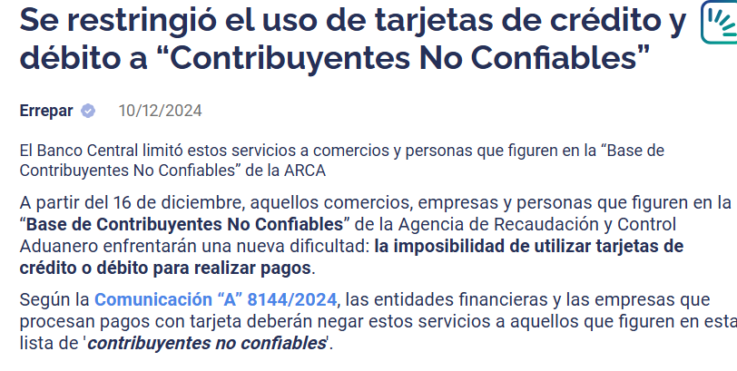 te_gomez's tweet photo. #NOCONFIABLES. ARCA limita el uso de las tarjetas de debito/credito de aquellos contribuyentes que figuren en la base de CONTRIBUYENTES NO CONFIABLES. @errepar https://t.co/vneaxXj1dI